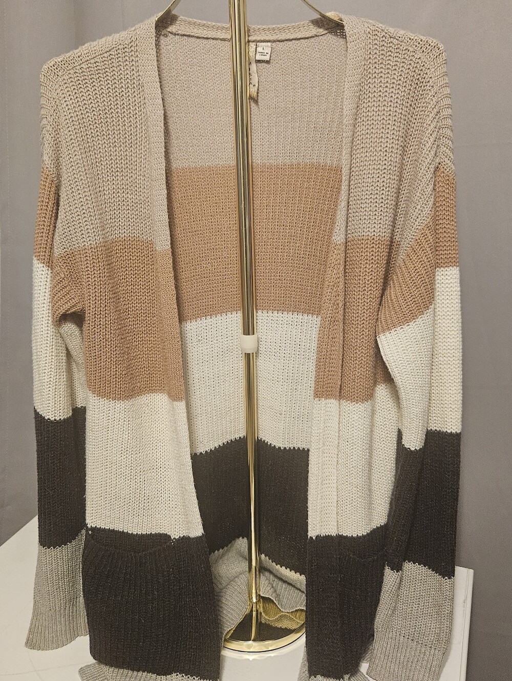 Misia Stripe Open-Front Cardigan in Blush, White & Charcoal